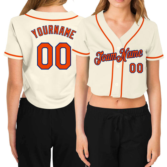 Custom Women's Cream Orange-Royal V-Neck Cropped Baseball Jersey - Main View