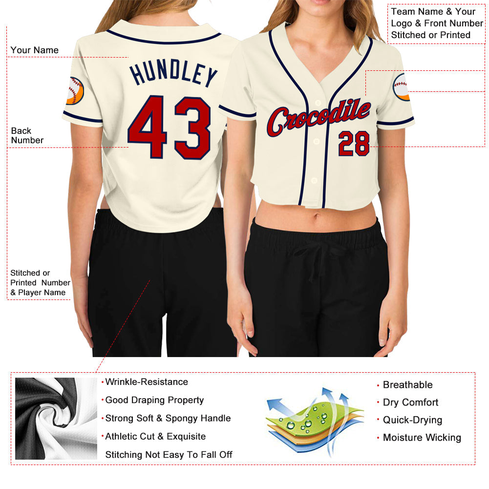 Custom Women's Cream Red-Navy V-Neck Cropped Baseball Jersey view 3