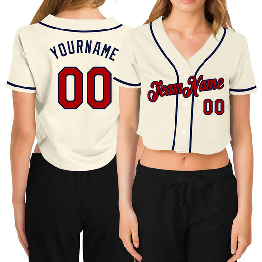 Custom Women's Cream Red-Navy V-Neck Cropped Baseball Jersey - Main View