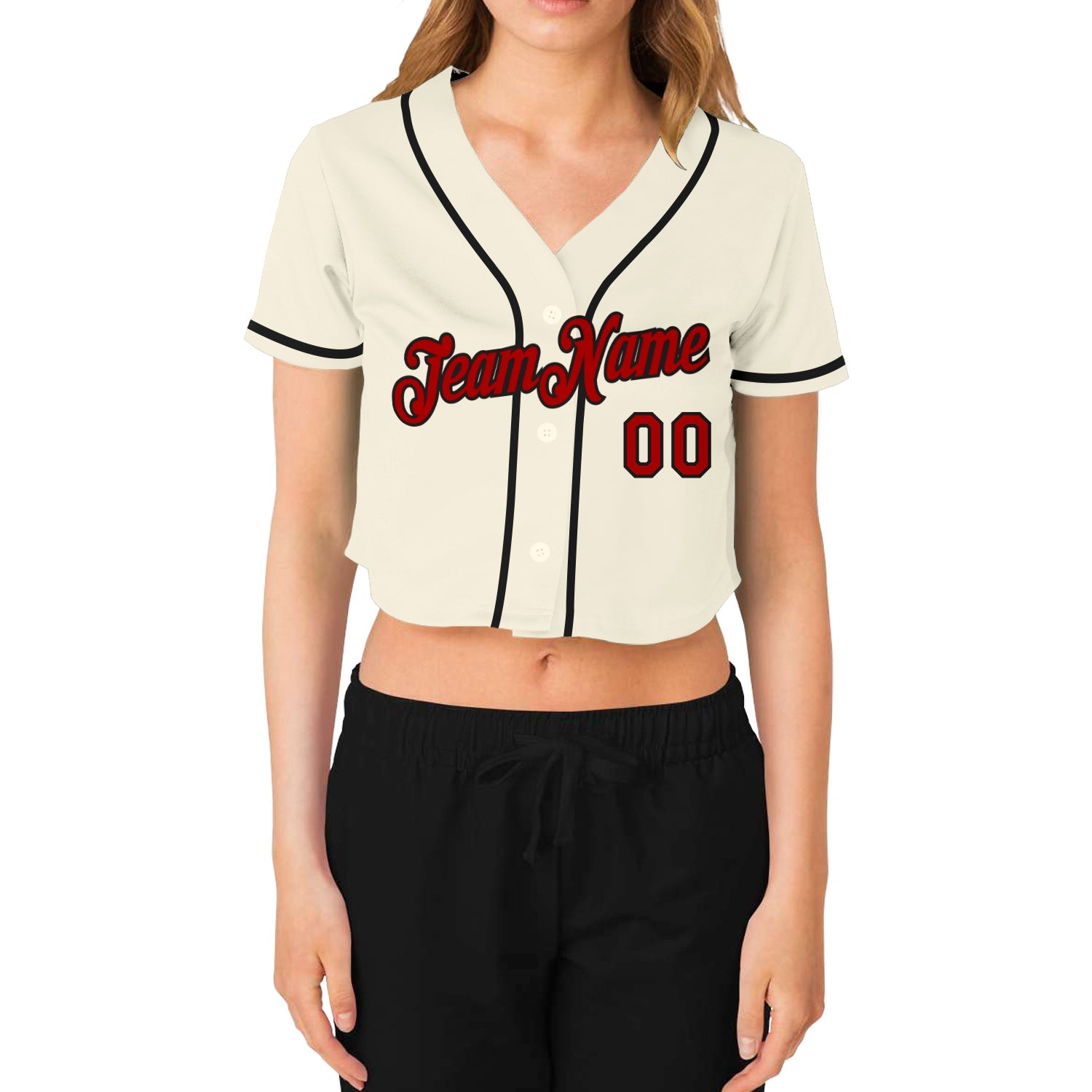 Custom Women's Cream Red-Black V-Neck Cropped Baseball Jersey view 2