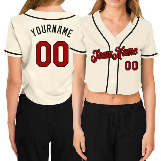 Custom Women's Cream Red-Black V-Neck Cropped Baseball Jersey - Main View