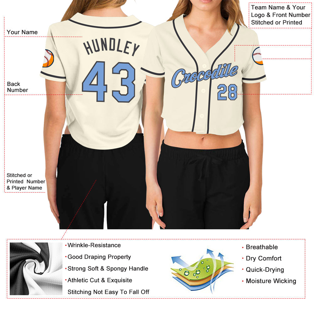 Custom Women's Cream Light Blue-Steel Gray V-Neck Cropped Baseball Jersey view 3