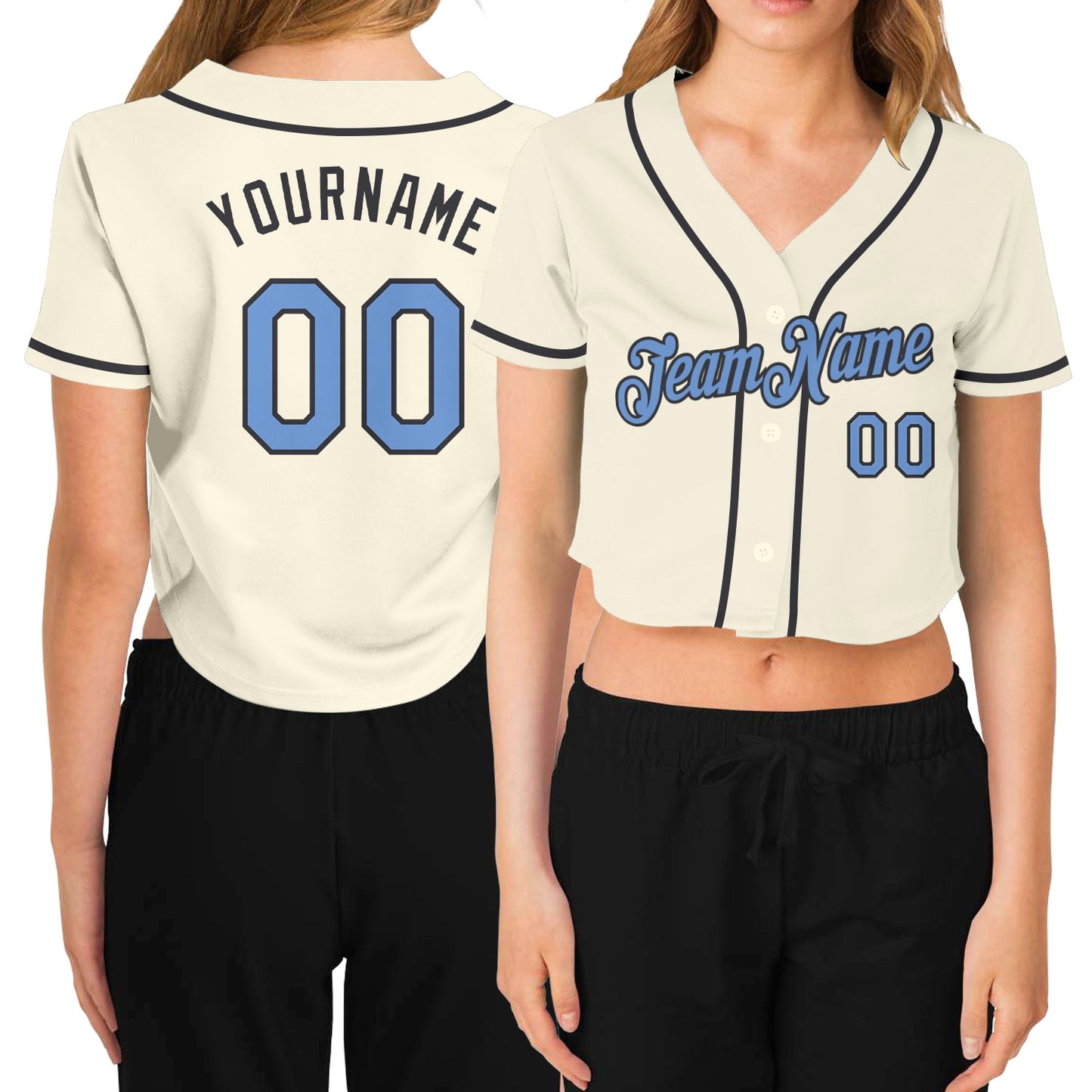 Custom Women's Cream Light Blue-Steel Gray V-Neck Cropped Baseball Jersey - Main View
