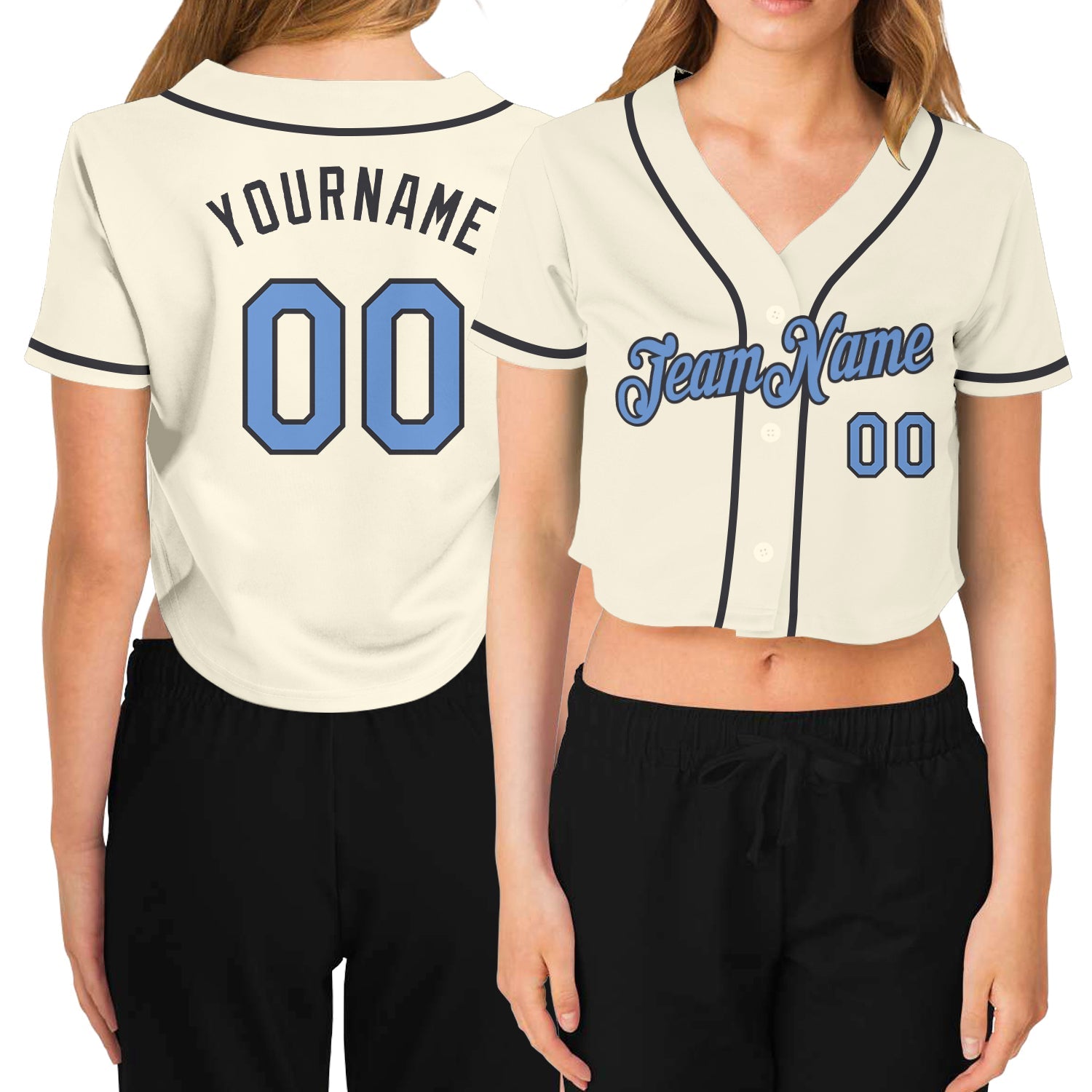 Custom Women's Cream Light Blue-Steel Gray V-Neck Cropped Baseball Jersey - Main View