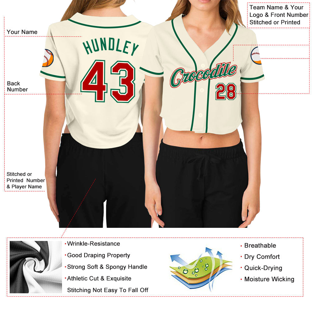 Custom Women's Cream Red-Kelly Green V-Neck Cropped Baseball Jersey view 3