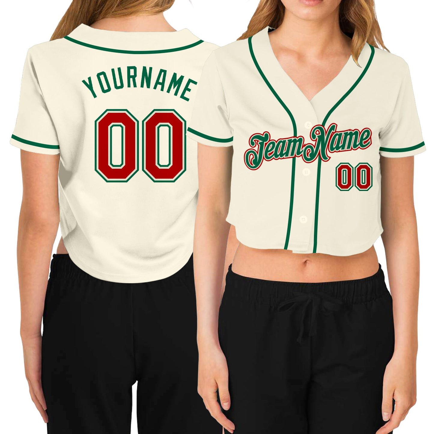 Custom Women's Cream Red-Kelly Green V-Neck Cropped Baseball Jersey - Main View