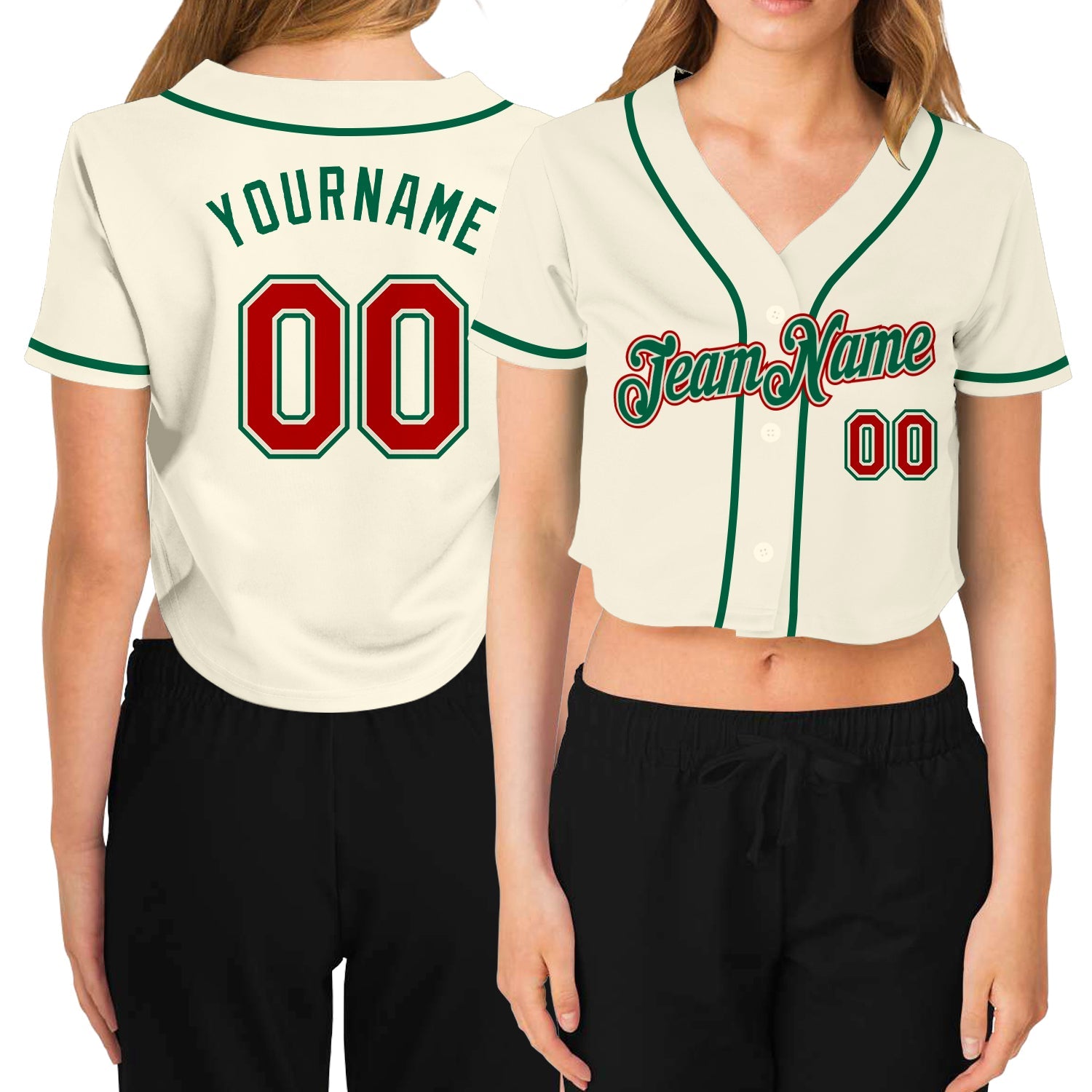 Custom Women's Cream Red-Kelly Green V-Neck Cropped Baseball Jersey - Main View