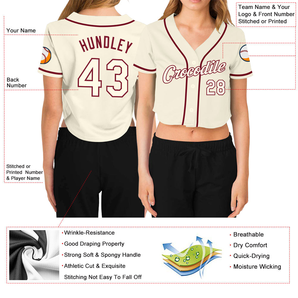 Custom Women's Cream Cream-Crimson V-Neck Cropped Baseball Jersey view 3