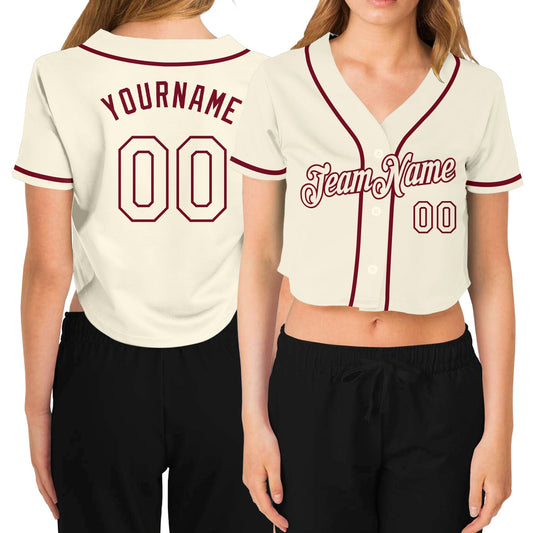 Custom Women's Cream Cream-Crimson V-Neck Cropped Baseball Jersey - Main View