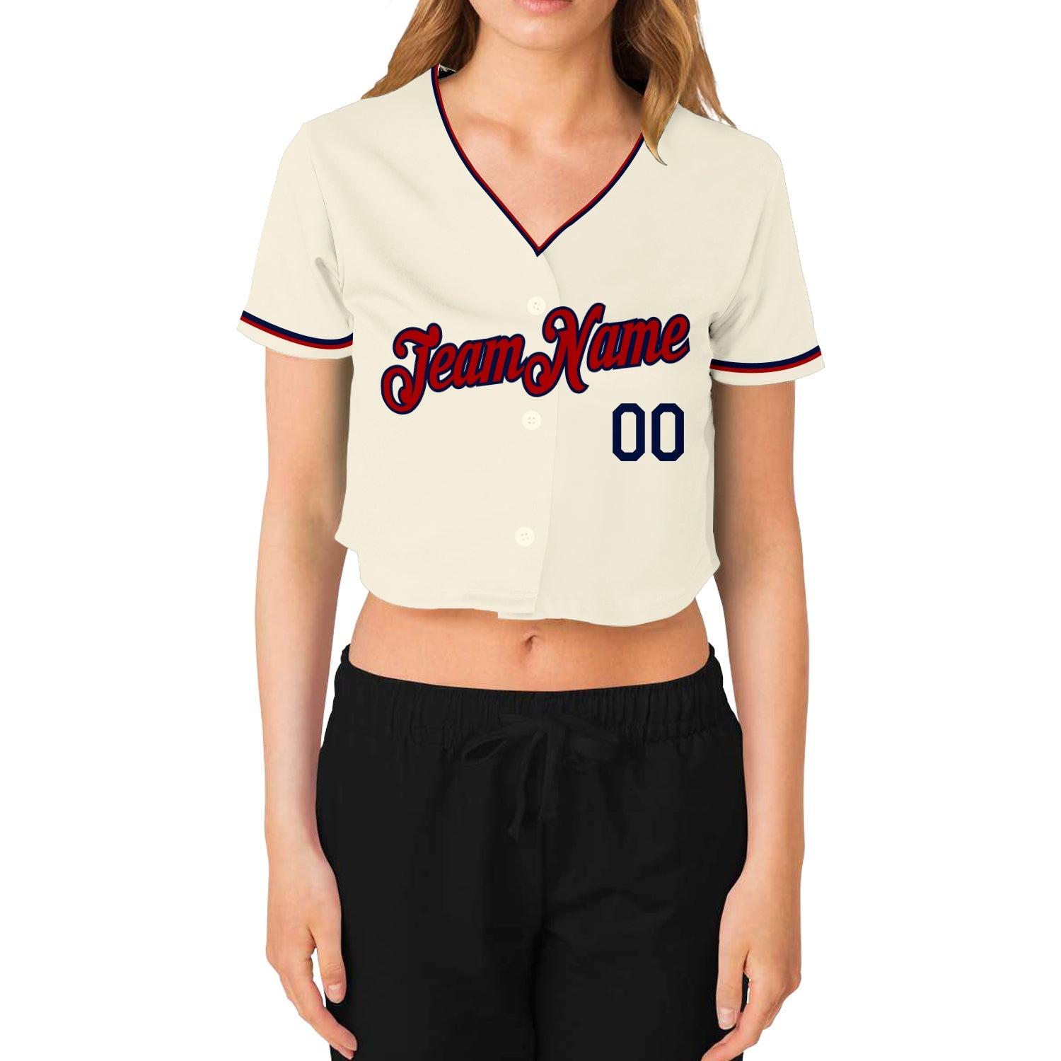 Custom Women's Cream Red-Navy V-Neck Cropped Baseball Jersey view 2