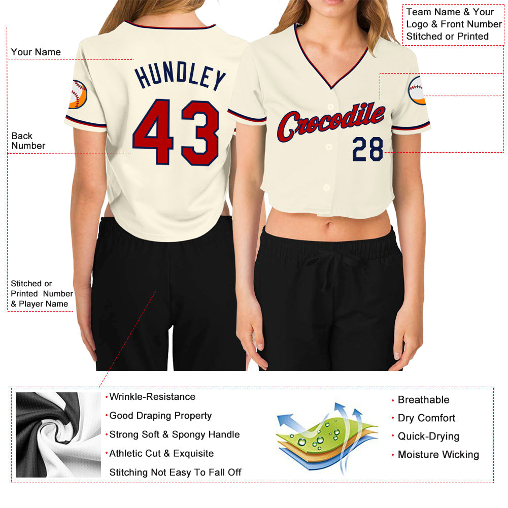 Custom Women's Cream Red-Navy V-Neck Cropped Baseball Jersey view 3