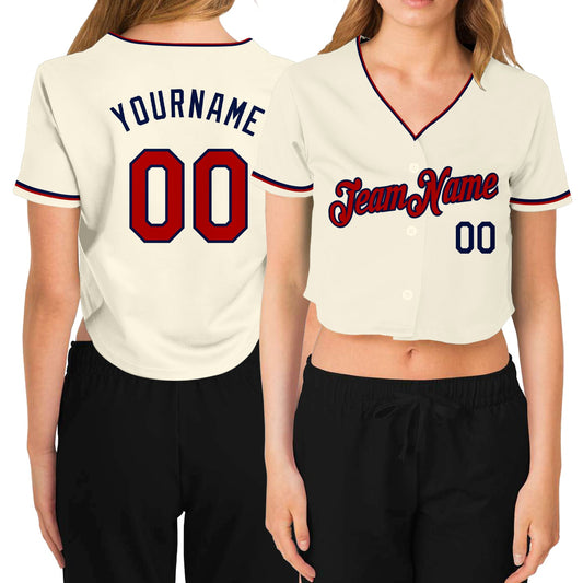 Custom Women's Cream Red-Navy V-Neck Cropped Baseball Jersey - Main View