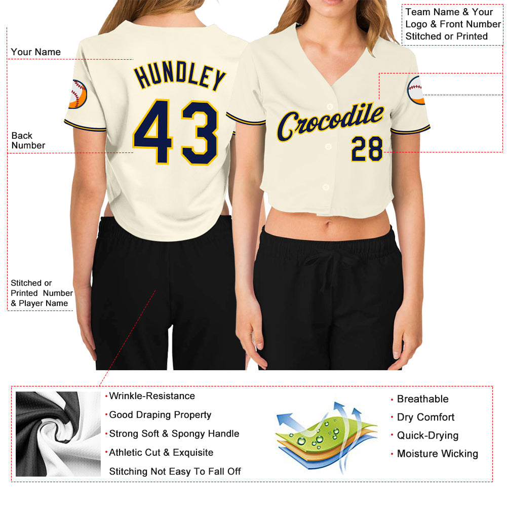 Custom Women's Cream Navy-Gold V-Neck Cropped Baseball Jersey view 3
