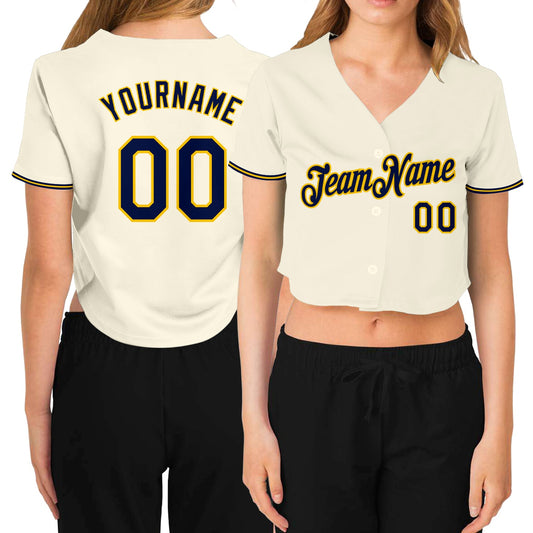 Custom Women's Cream Navy-Gold V-Neck Cropped Baseball Jersey - Main View