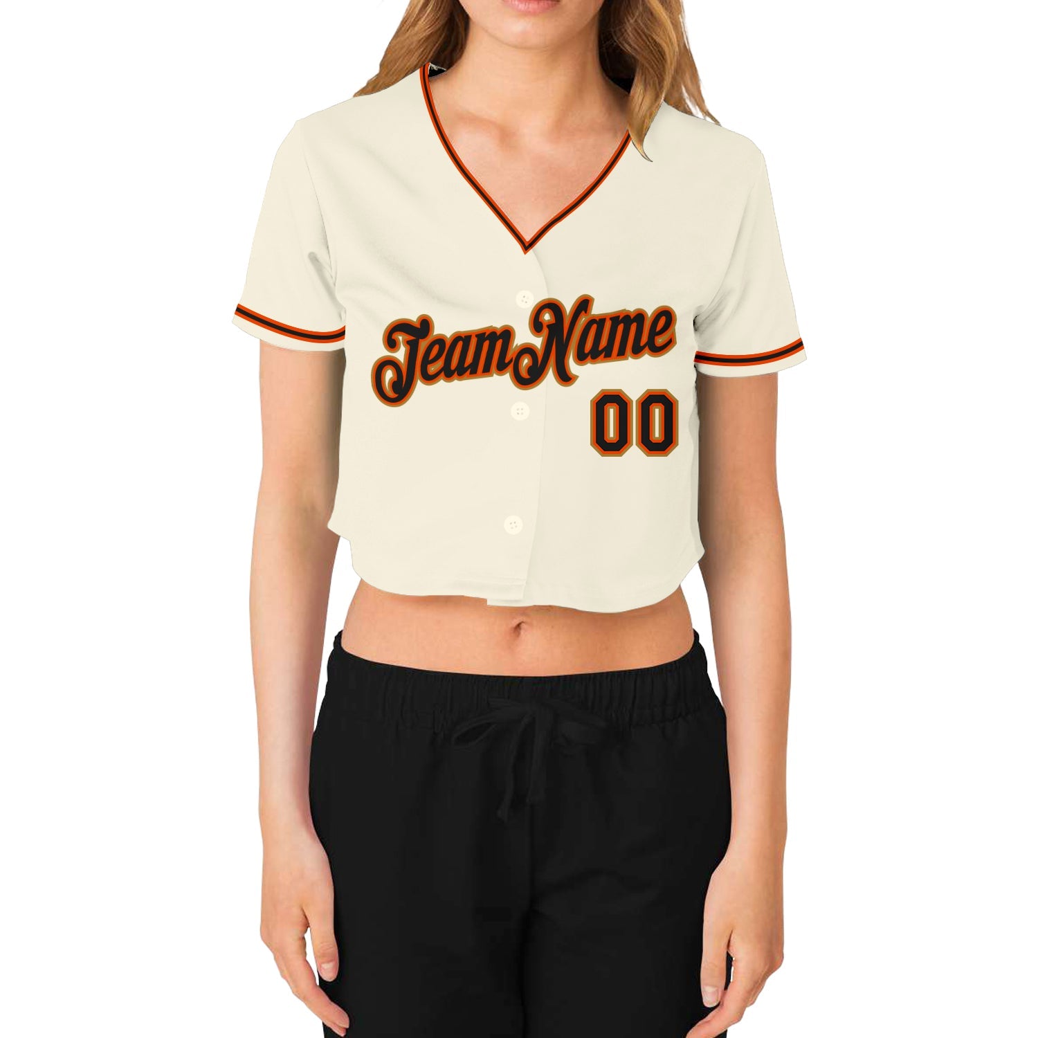 Custom Women's Cream Black Orange-Old Gold V-Neck Cropped Baseball Jersey view 2