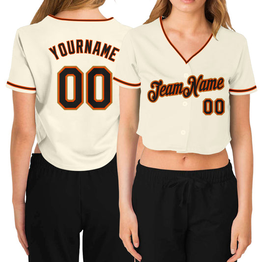 Custom Women's Cream Black Orange-Old Gold V-Neck Cropped Baseball Jersey - Main View