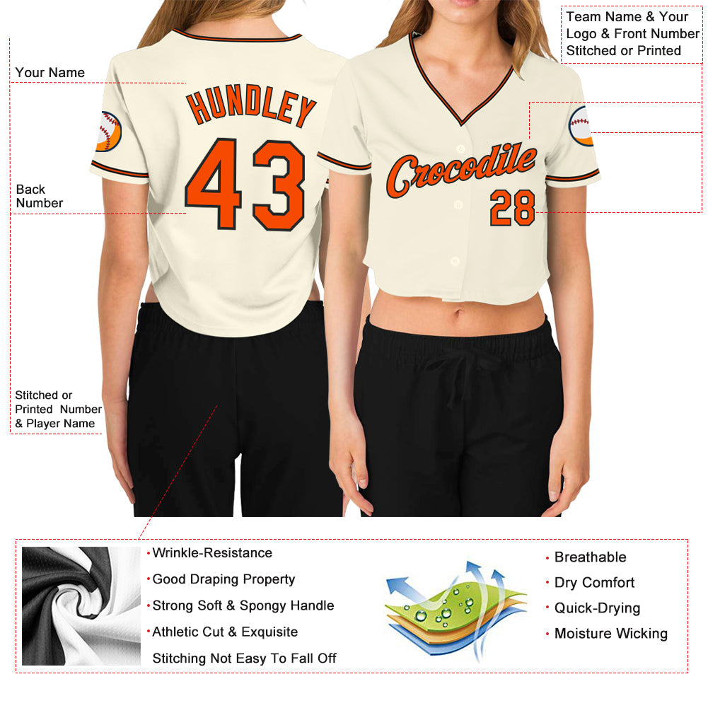 Custom Women's Cream Orange-Black V-Neck Cropped Baseball Jersey view 3