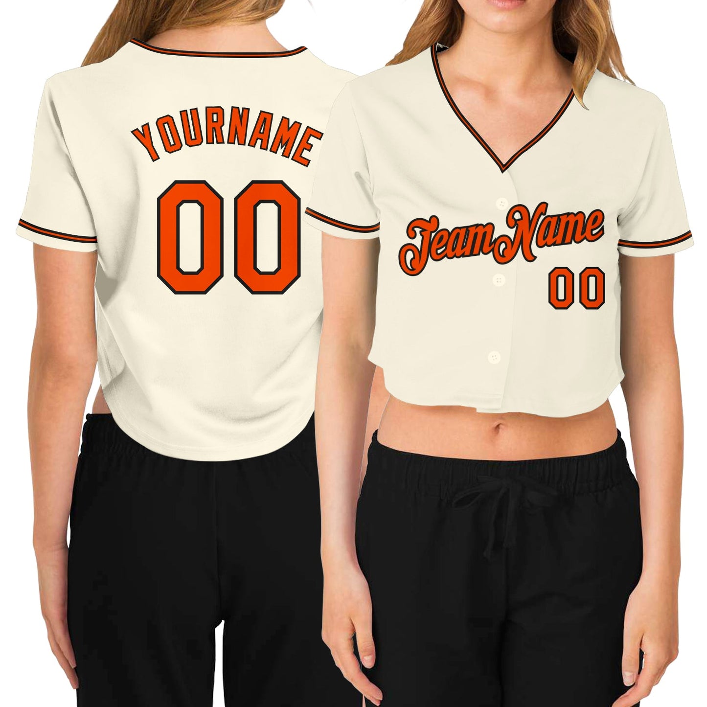 Custom Women's Cream Orange-Black V-Neck Cropped Baseball Jersey - Main View