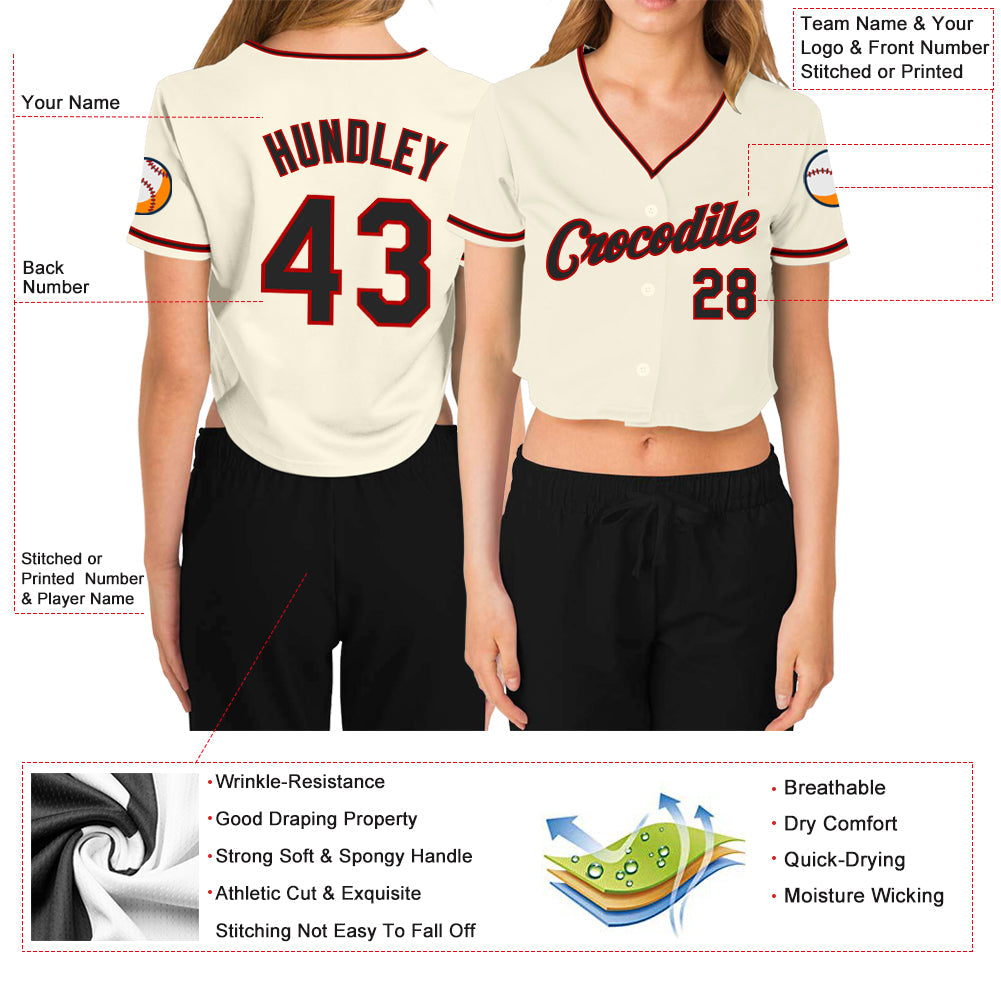 Custom Women's Cream Black-Red V-Neck Cropped Baseball Jersey view 3