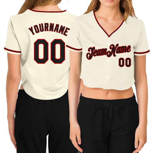 Custom Women's Cream Black-Red V-Neck Cropped Baseball Jersey - Main View