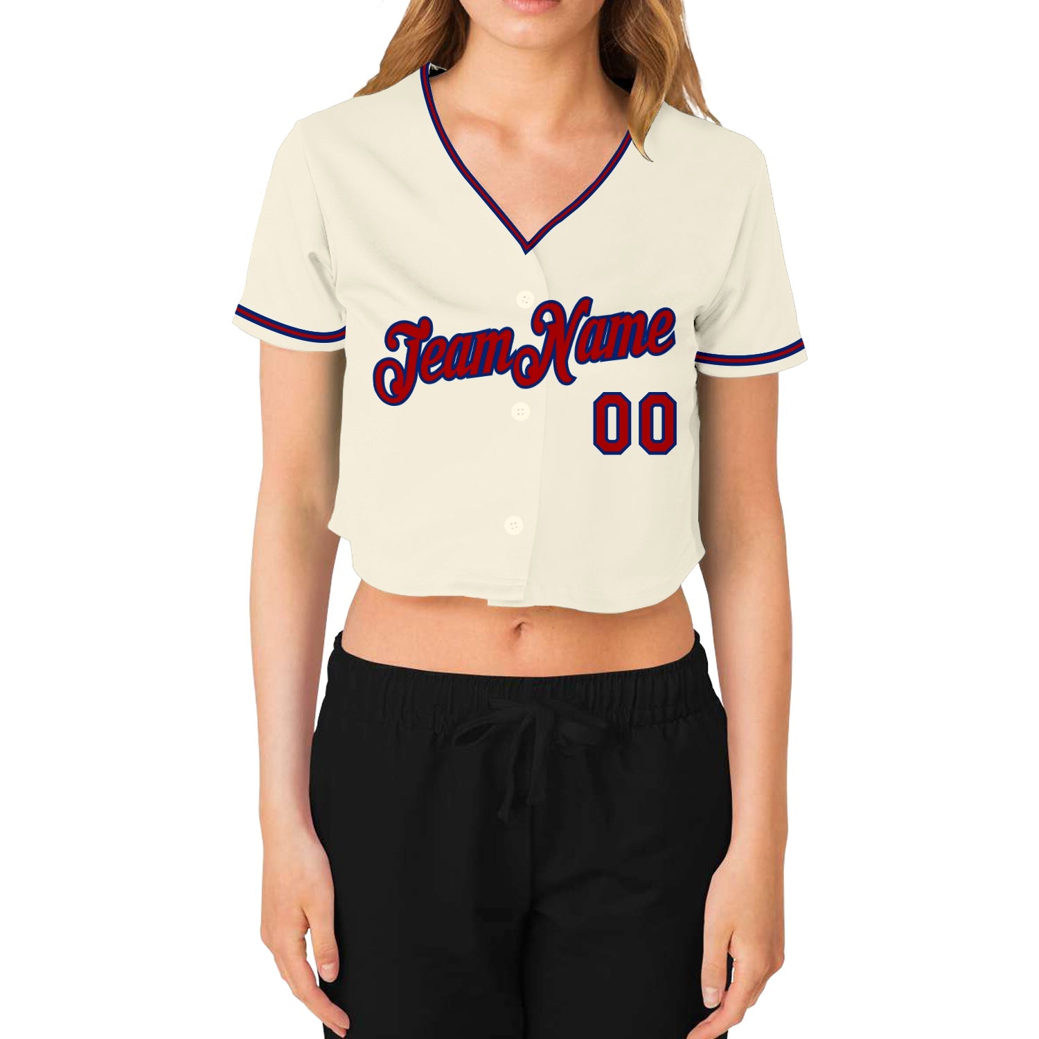 Custom Women's Cream Red-Royal V-Neck Cropped Baseball Jersey view 2