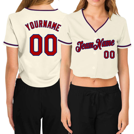 Custom Women's Cream Red-Royal V-Neck Cropped Baseball Jersey - Main View