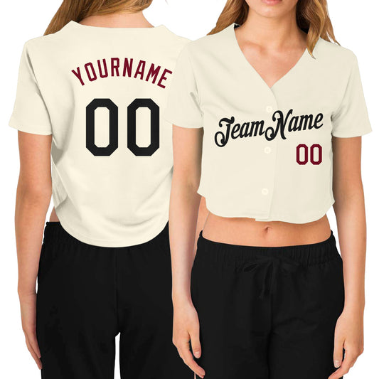 Custom Women's Cream Black-Crimson V-Neck Cropped Baseball Jersey - Main View