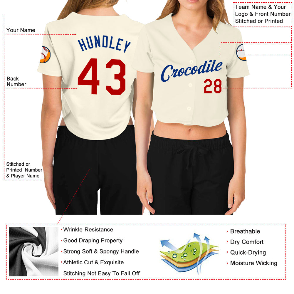 Custom Women's Cream Red-Royal V-Neck Cropped Baseball Jersey view 3