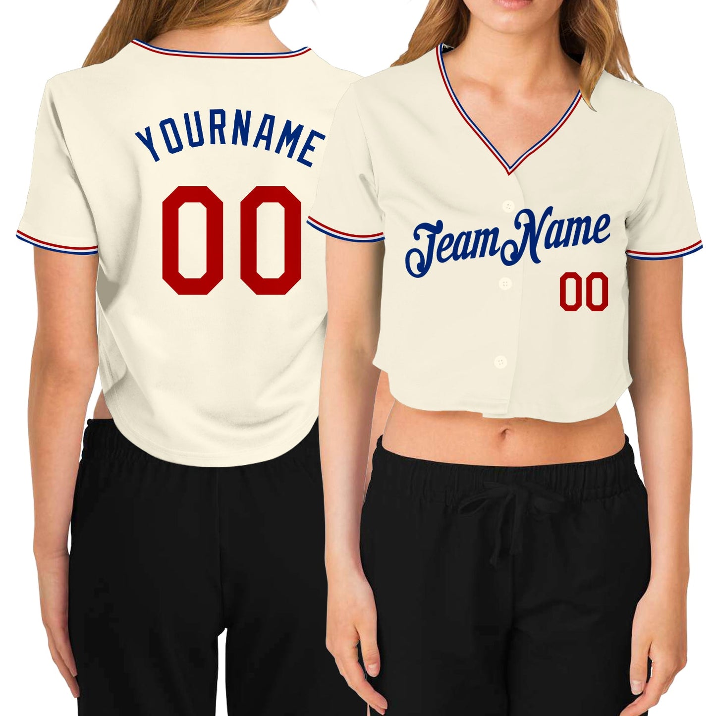 Custom Women's Cream Red-Royal V-Neck Cropped Baseball Jersey - Main View