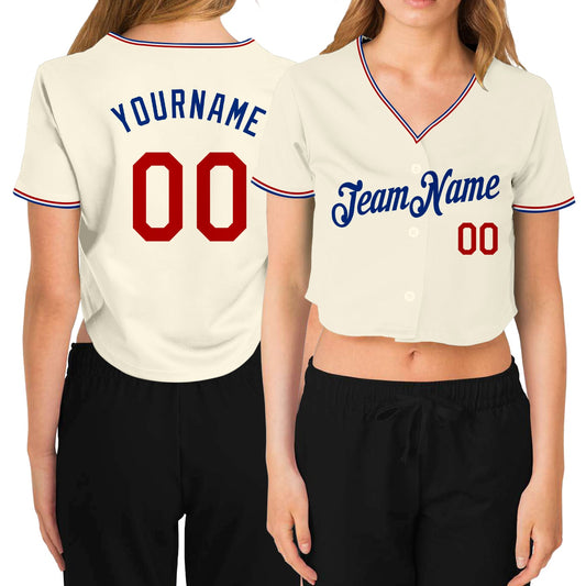 Custom Women's Cream Red-Royal V-Neck Cropped Baseball Jersey - Main View