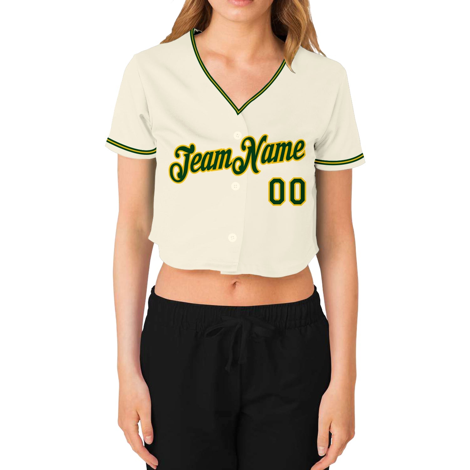 Custom Women's Cream Green-Gold V-Neck Cropped Baseball Jersey view 2