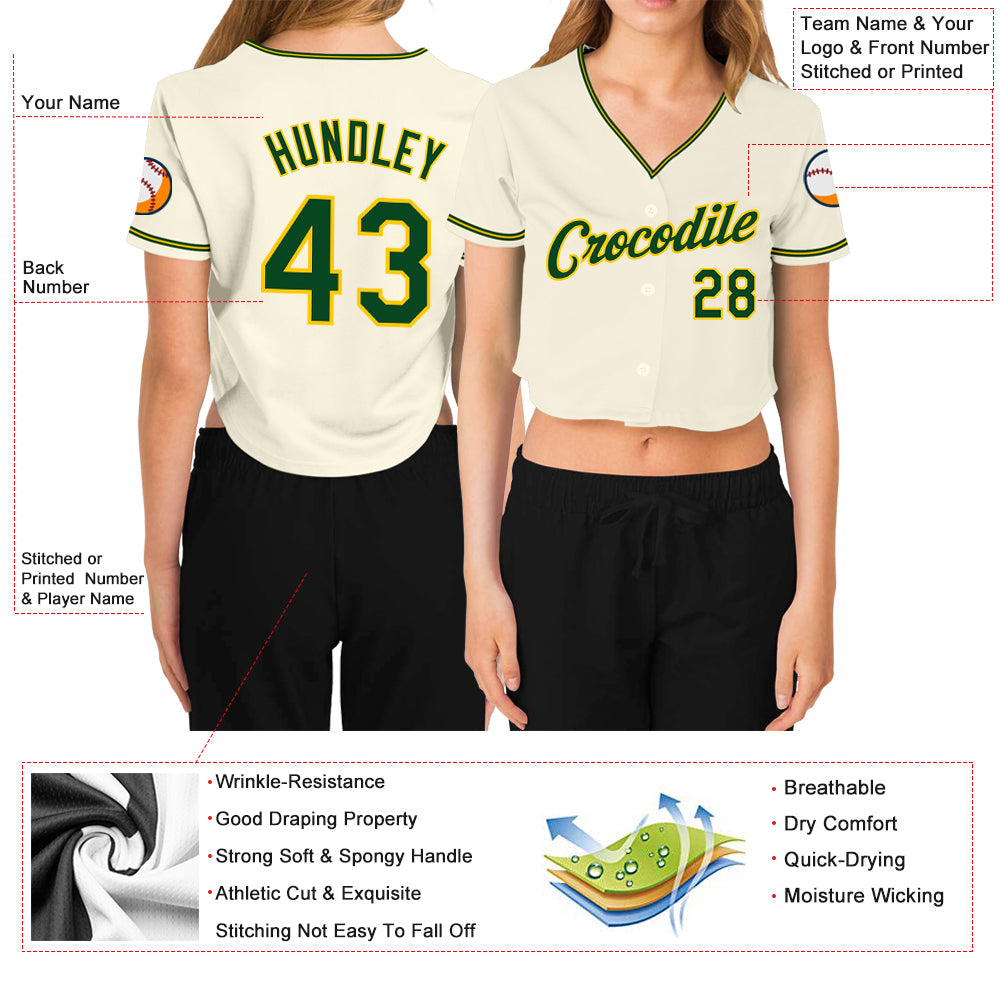 Custom Women's Cream Green-Gold V-Neck Cropped Baseball Jersey view 3