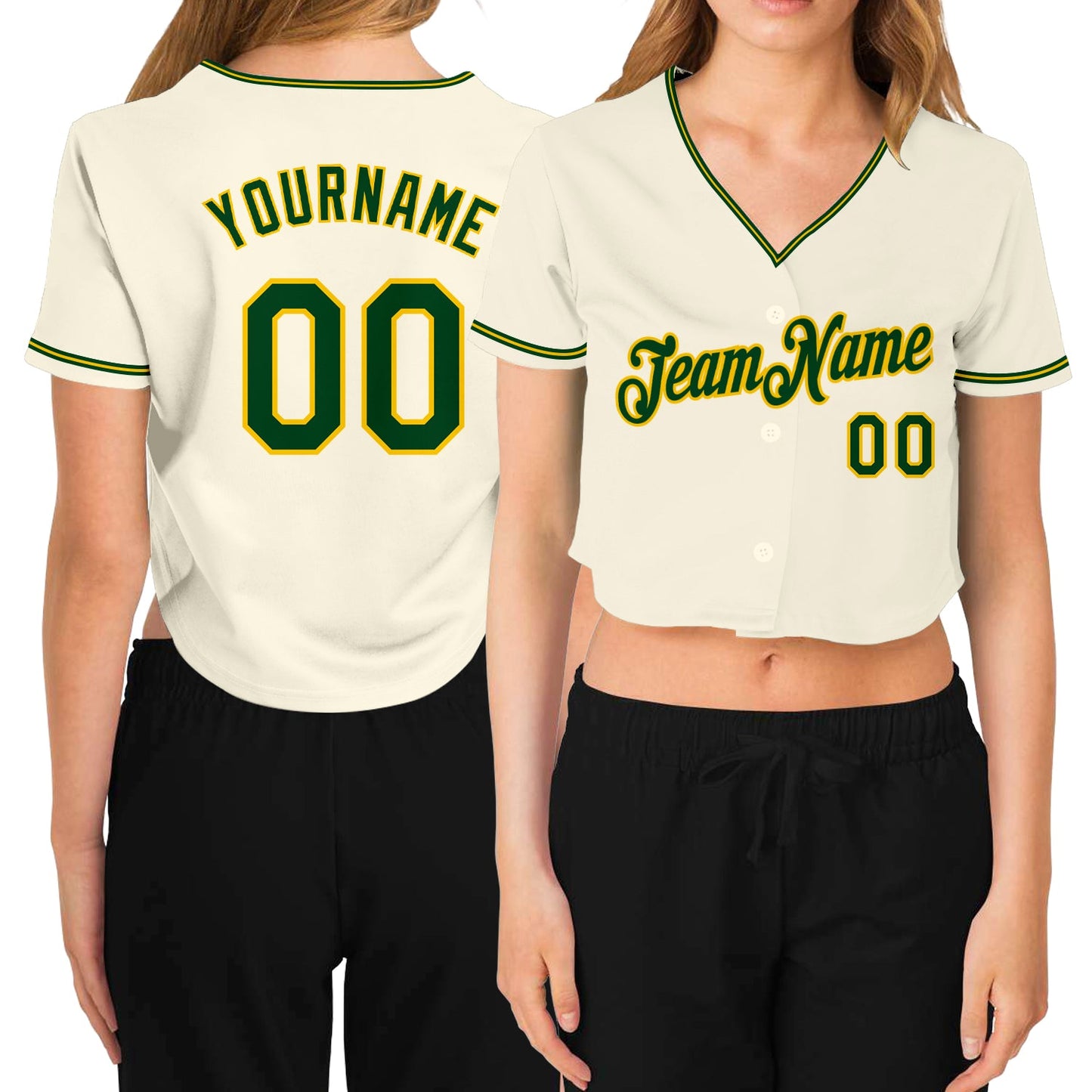 Custom Women's Cream Green-Gold V-Neck Cropped Baseball Jersey - Main View