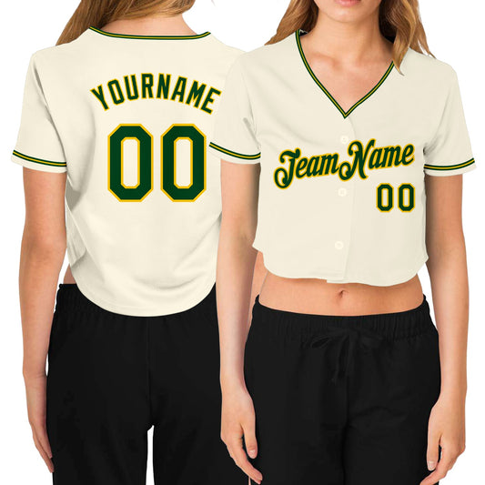 Custom Women's Cream Green-Gold V-Neck Cropped Baseball Jersey - Main View