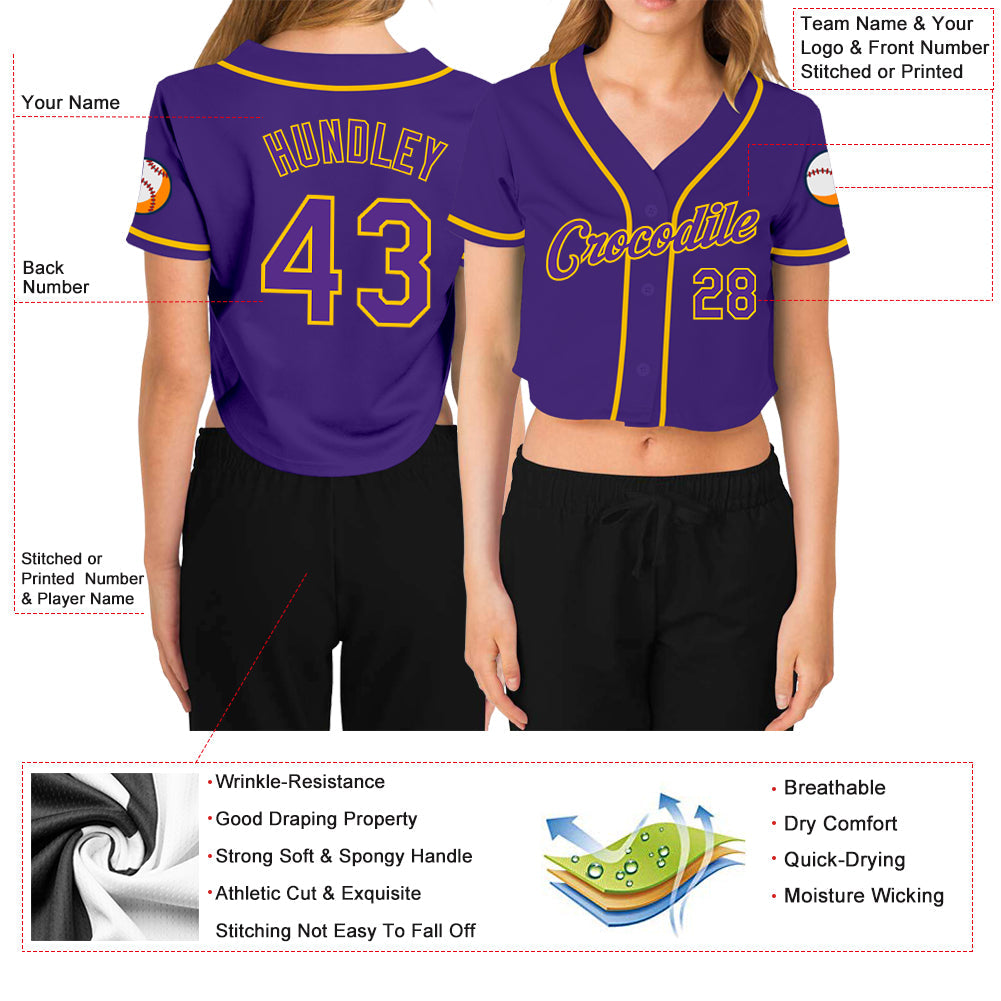 Custom Women's Purple Purple-Gold V-Neck Cropped Baseball Jersey view 3