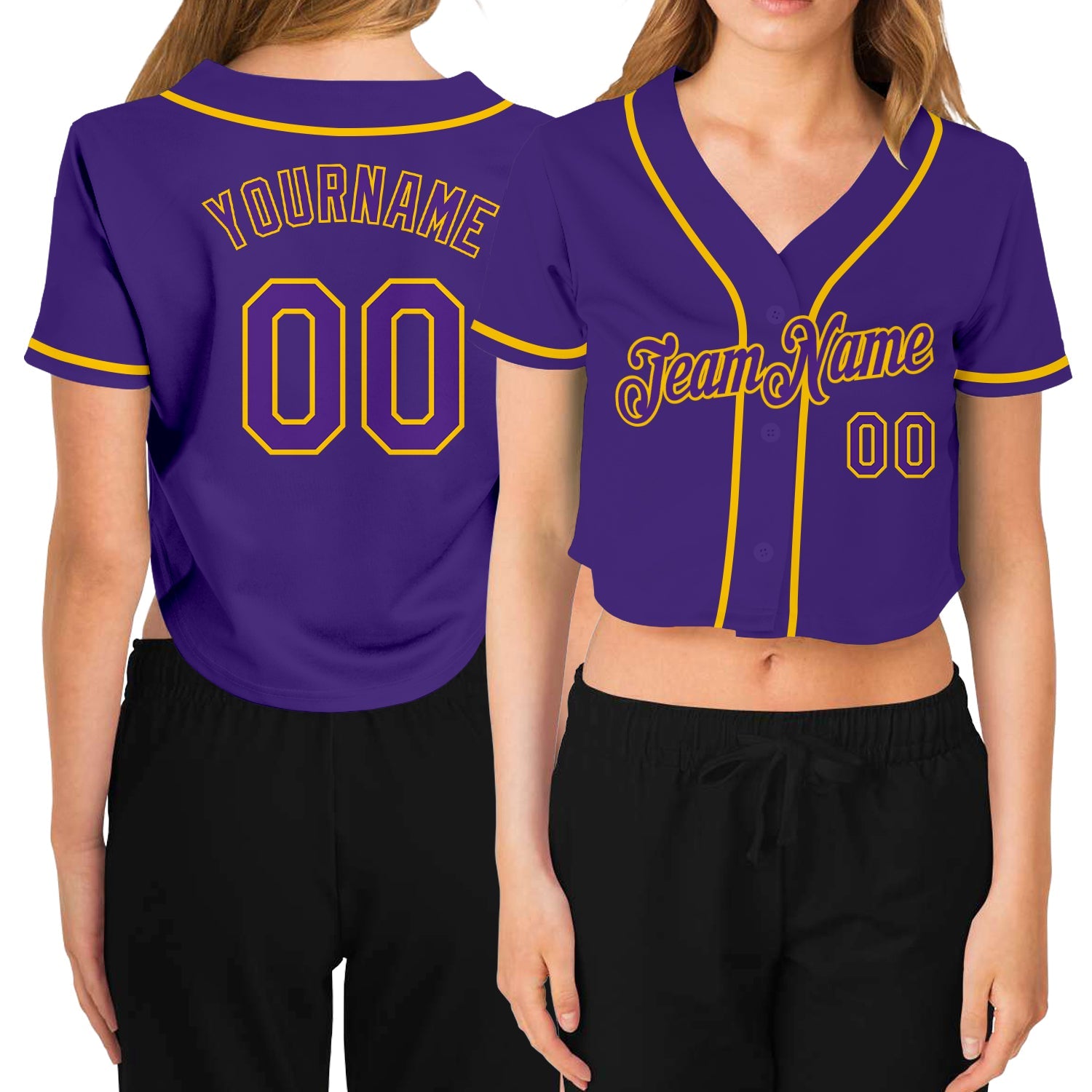 Custom Women's Purple Purple-Gold V-Neck Cropped Baseball Jersey - Main View