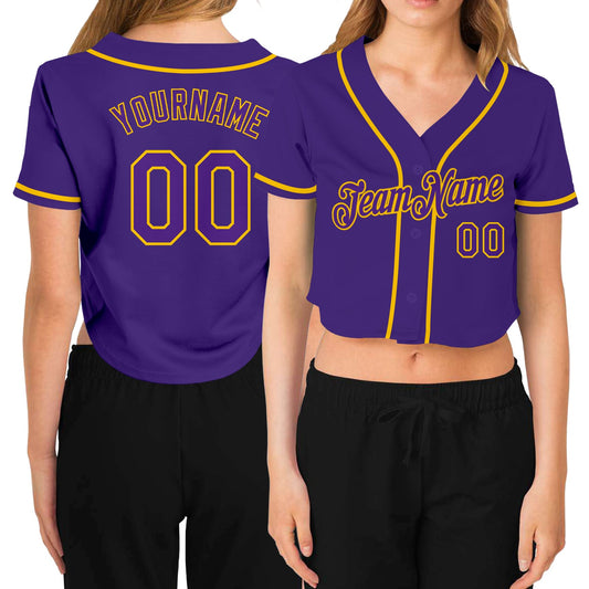 Custom Women's Purple Purple-Gold V-Neck Cropped Baseball Jersey - Main View