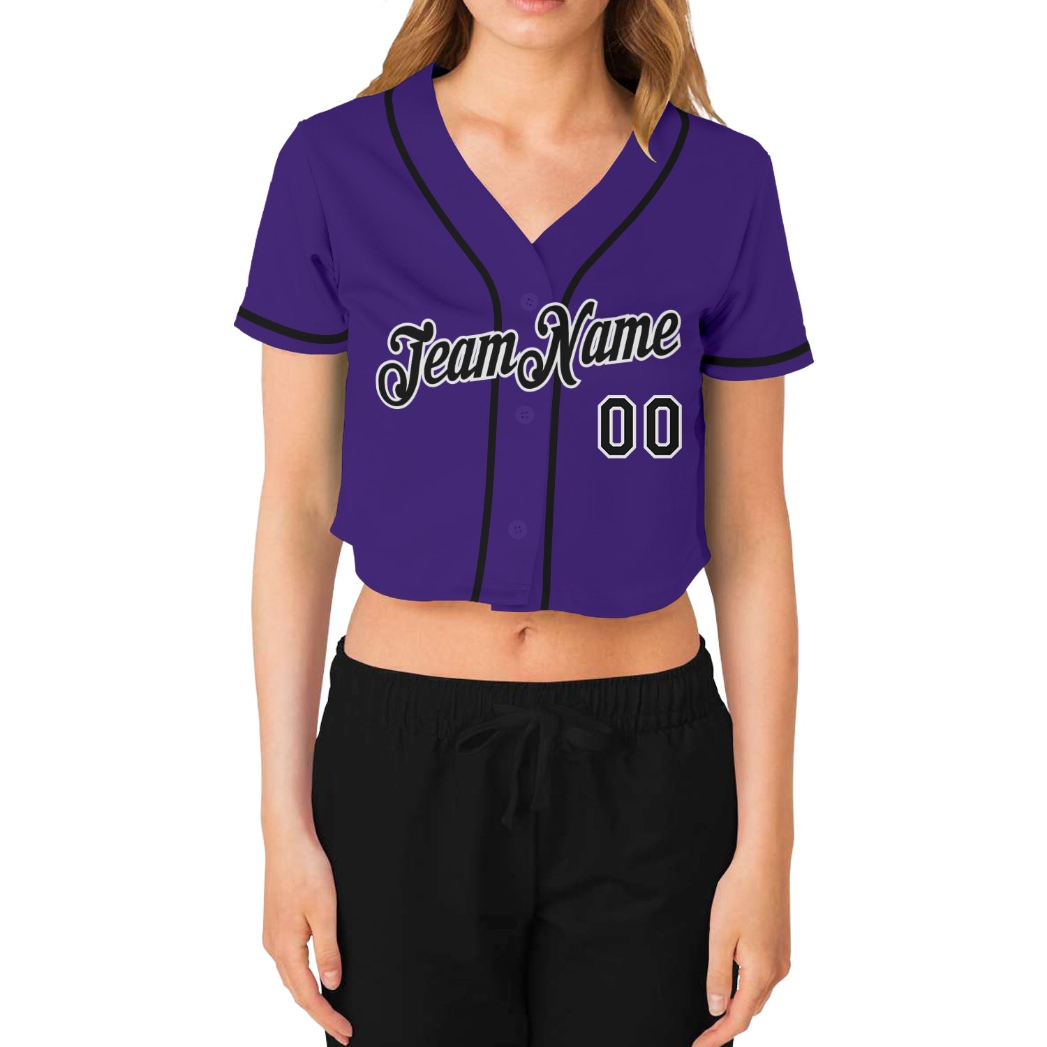 Custom Women's Purple Black-White V-Neck Cropped Baseball Jersey view 2