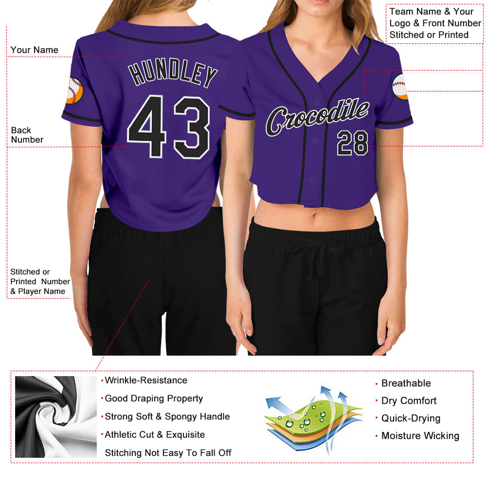 Custom Women's Purple Black-White V-Neck Cropped Baseball Jersey view 3