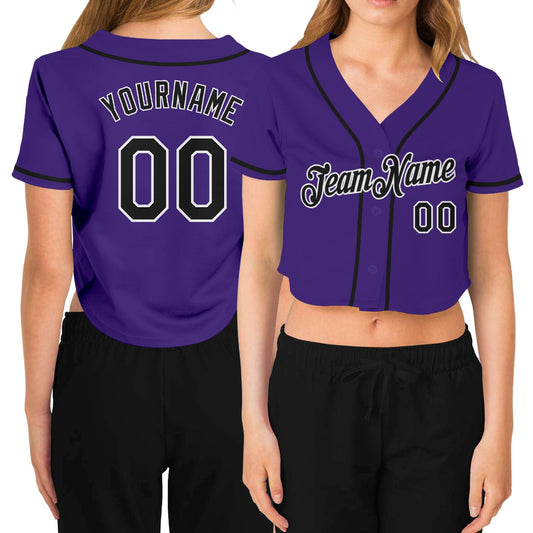 Custom Women's Purple Black-White V-Neck Cropped Baseball Jersey - Main View