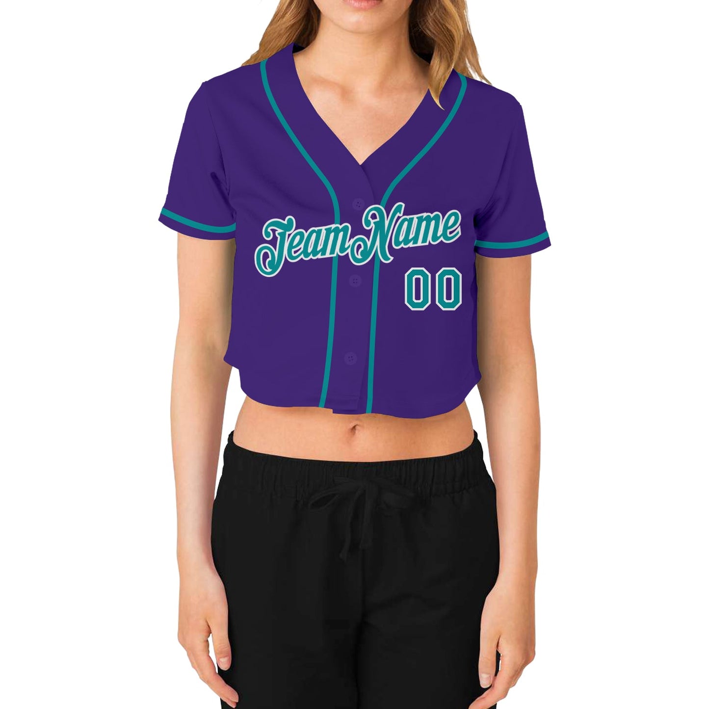 Custom Women's Purple Aqua-White V-Neck Cropped Baseball Jersey view 2