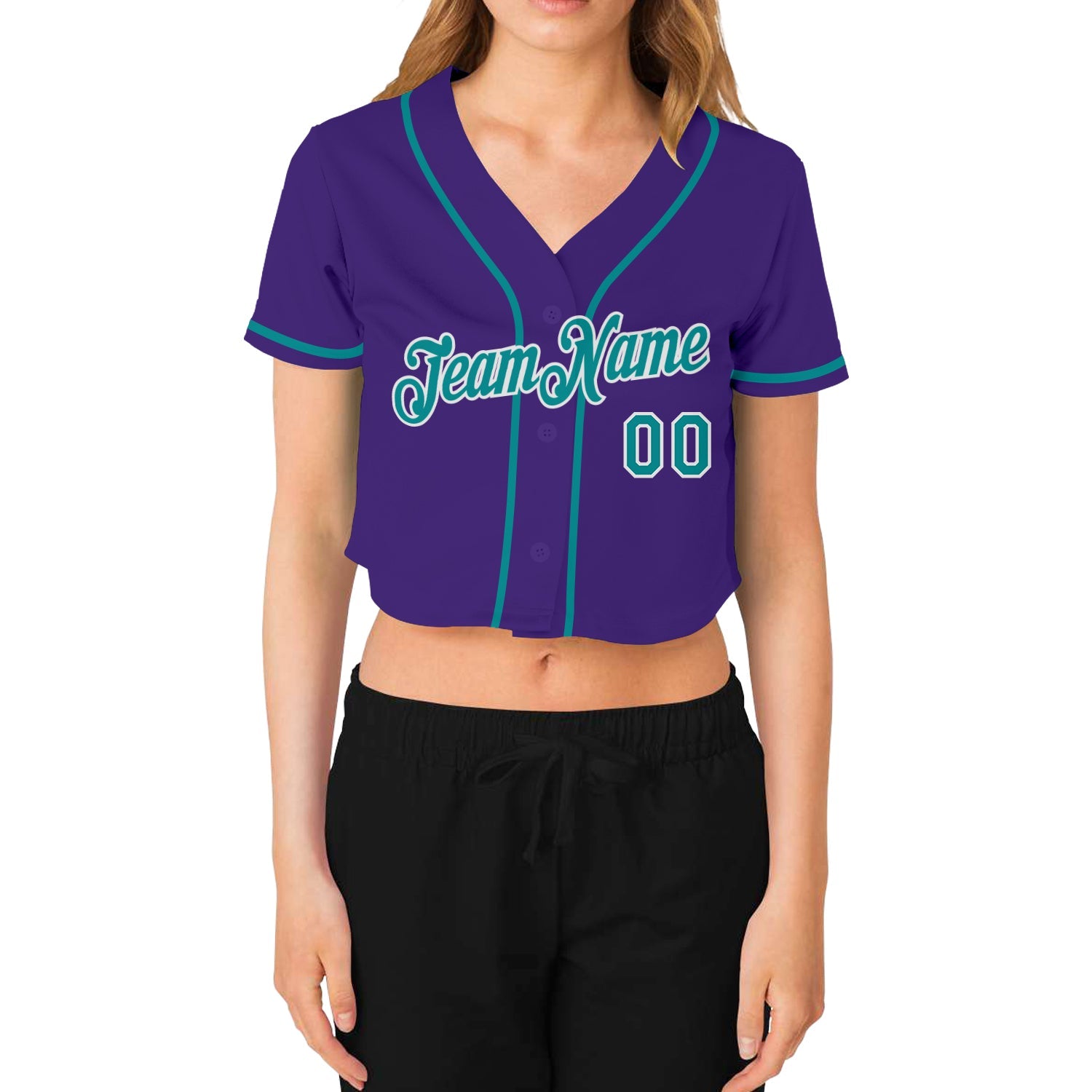 Custom Women's Purple Aqua-White V-Neck Cropped Baseball Jersey view 2