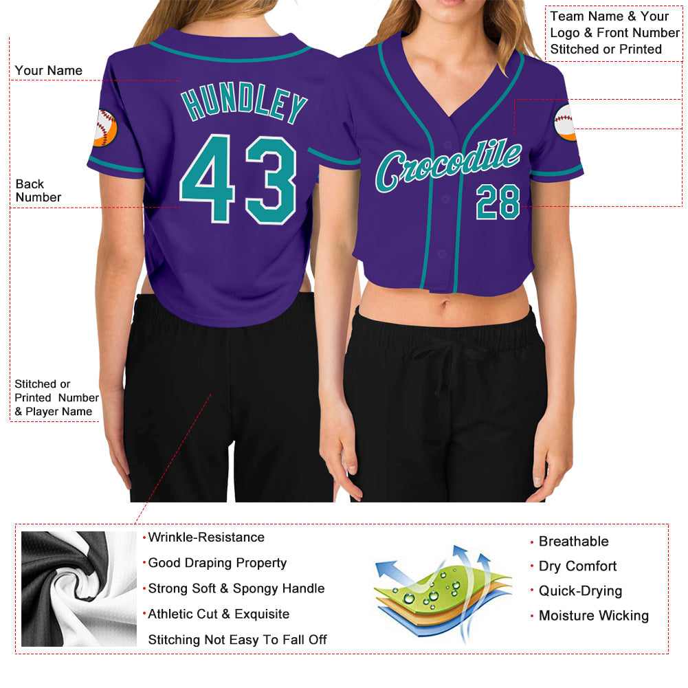 Custom Women's Purple Aqua-White V-Neck Cropped Baseball Jersey view 3