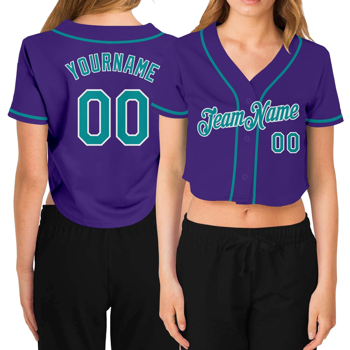 Custom Women's Purple Aqua-White V-Neck Cropped Baseball Jersey - Main View