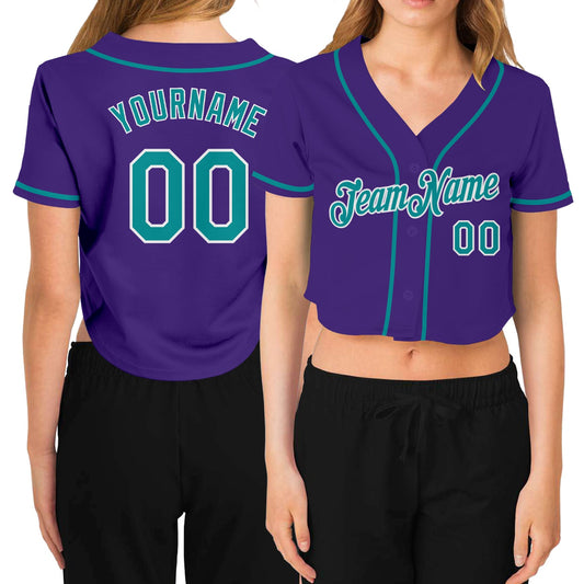 Custom Women's Purple Aqua-White V-Neck Cropped Baseball Jersey - Main View