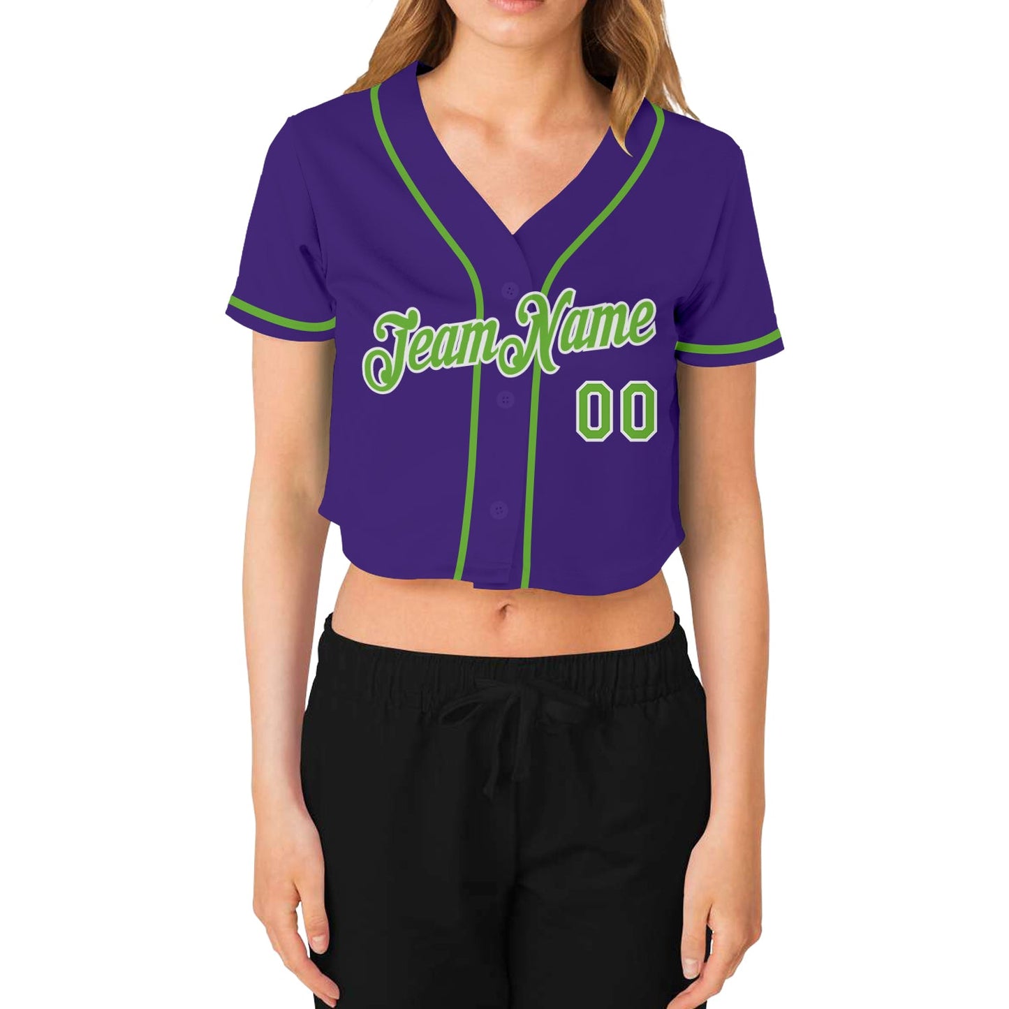 Custom Women's Purple Neon Green-White V-Neck Cropped Baseball Jersey view 2