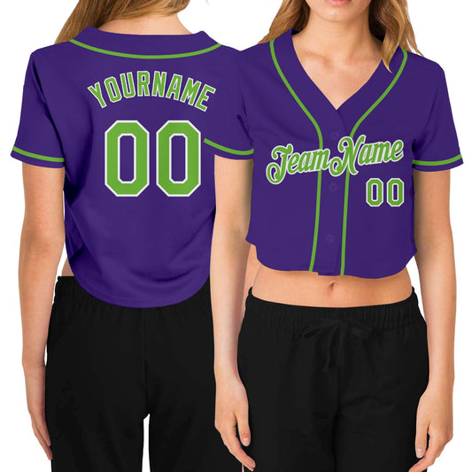Custom Women's Purple Neon Green-White V-Neck Cropped Baseball Jersey - Main View