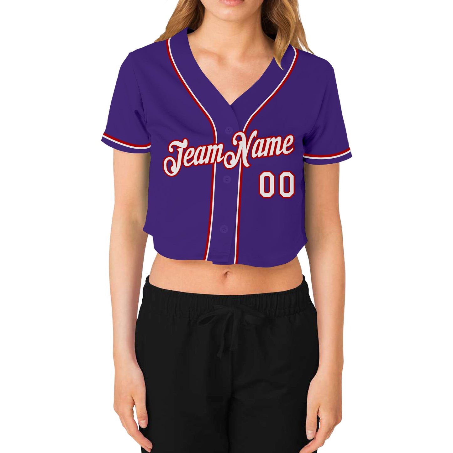 Custom Women's Purple White-Red V-Neck Cropped Baseball Jersey view 2