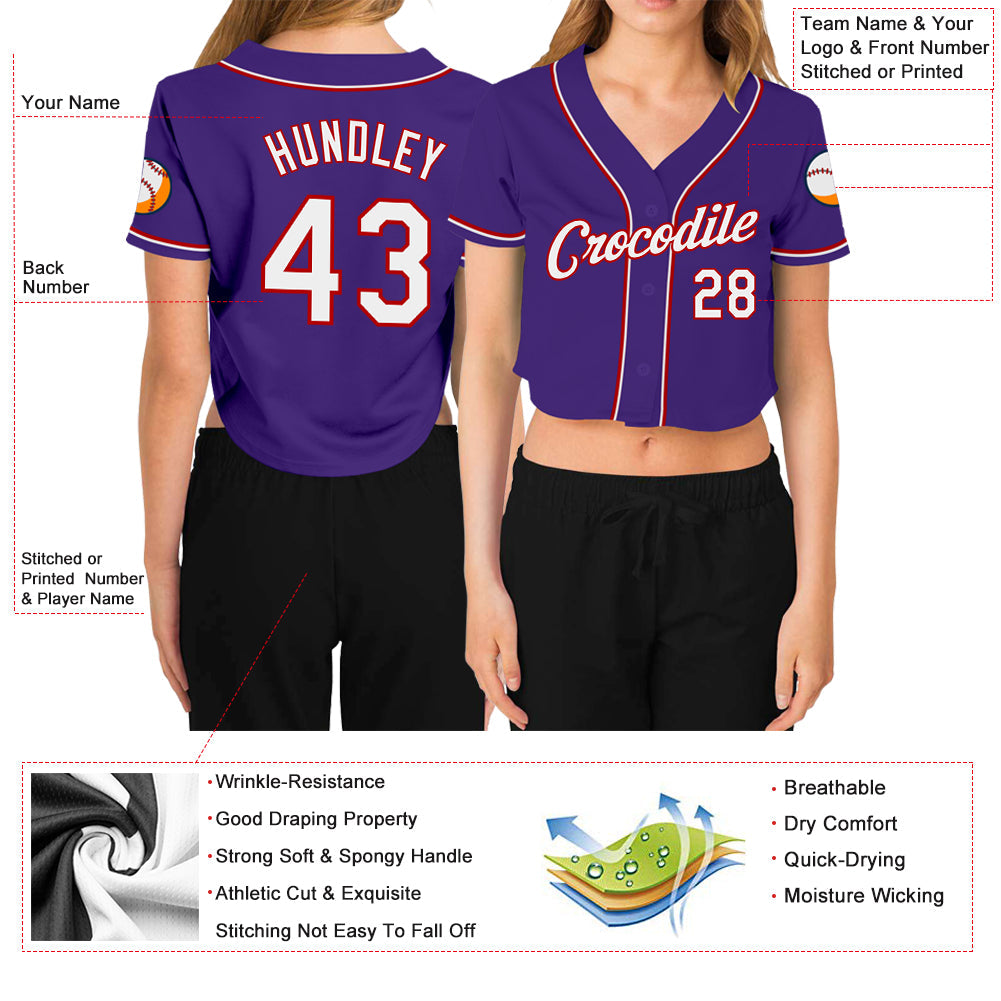 Custom Women's Purple White-Red V-Neck Cropped Baseball Jersey view 3