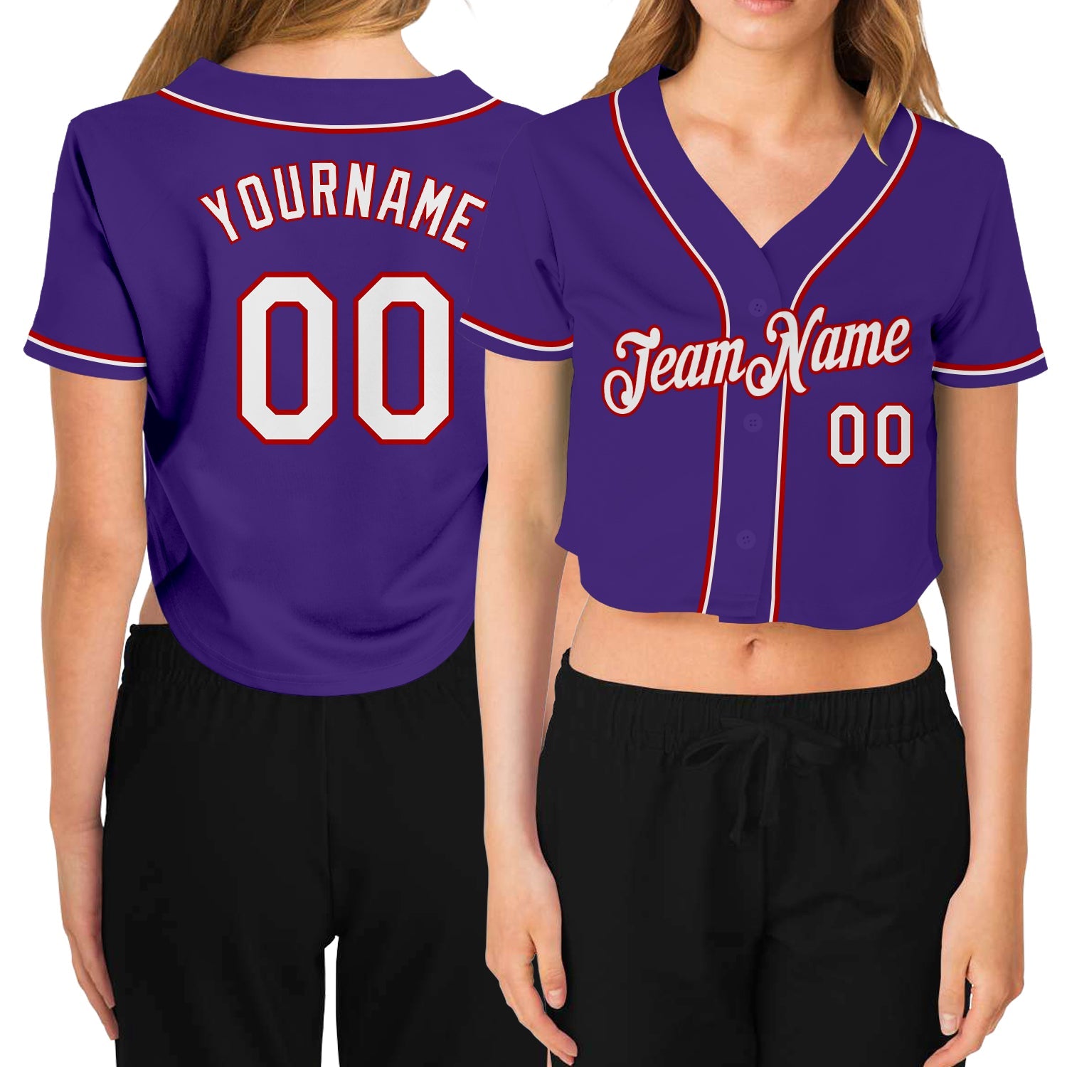 Custom Women's Purple White-Red V-Neck Cropped Baseball Jersey - Main View
